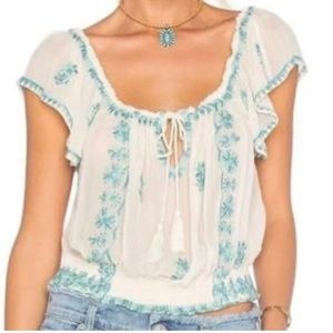 NWT Free People Blue Ivory White Floral Peasant Blouse Crop Top Beach Cover